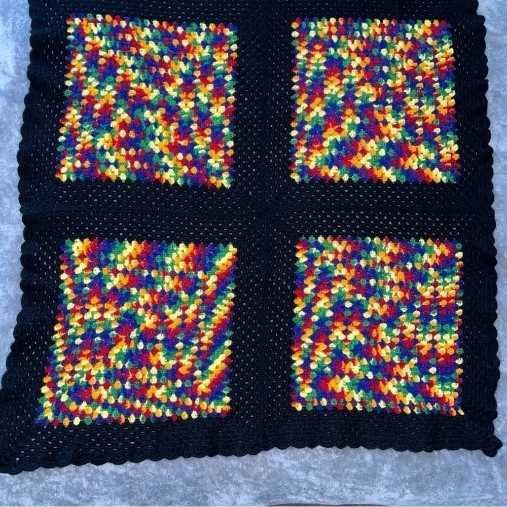 Handmade Crochet Rainbow Black Afghan Blanket Throw Granny Square OS